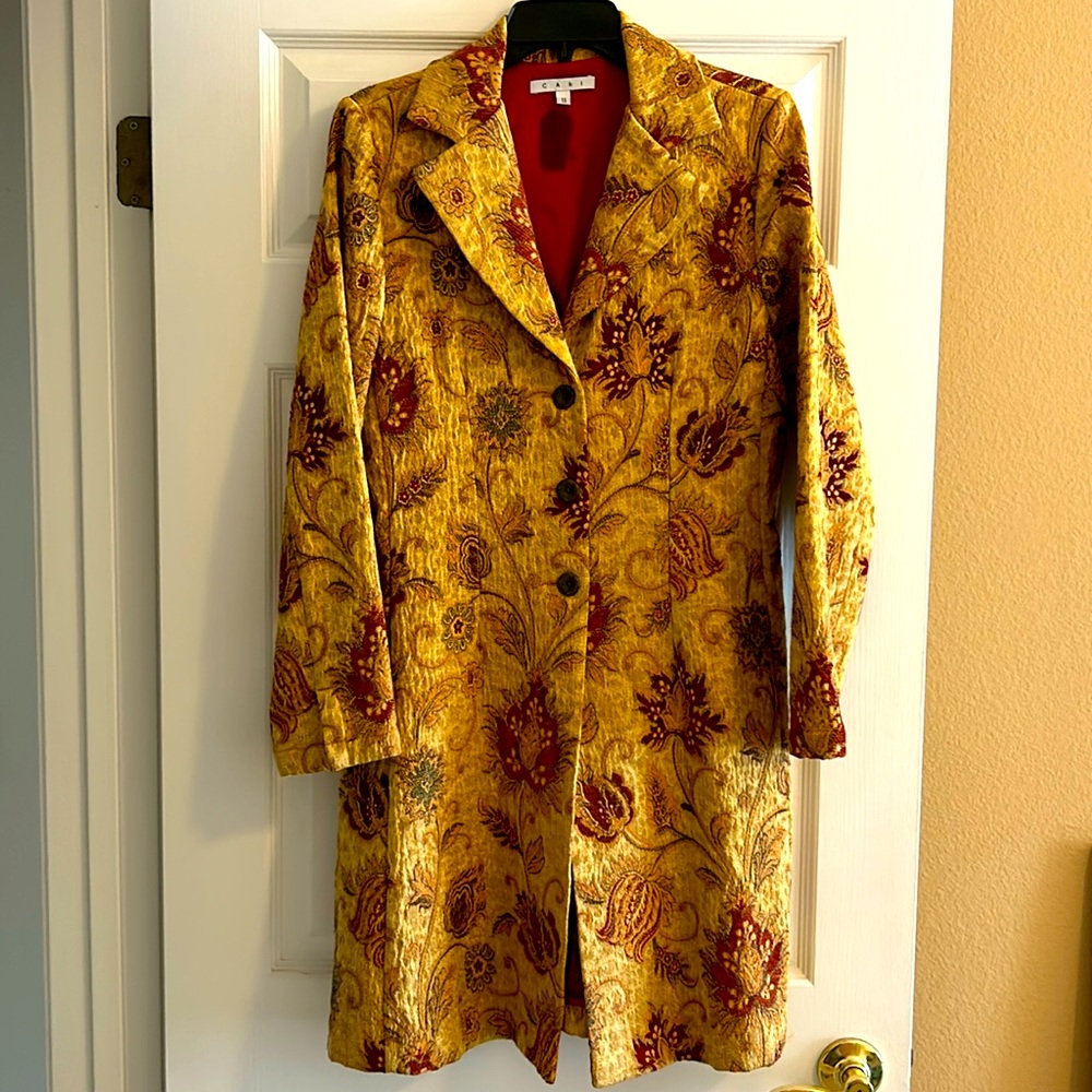 - CABI Guinevere Golden Brocade Fall Floral Tapestry Coat
